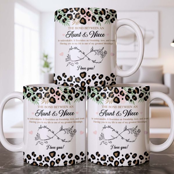 The Bond Between An Aunt & Niece, Leopard Print And Hearts - Personalized Custom Coffee Mug - NCE014_MG The Bond Between An Aunt & Niece, Leopard Print And Hearts - Personalized Custom Coffee Mug - NCE014_MG