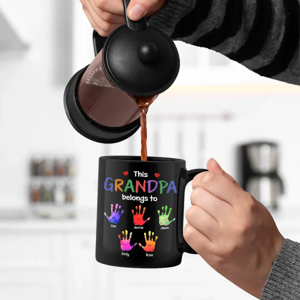 This Grandpa Belongs To Hand Prints Doodle - Personalized Black Mug This Grandpa Belongs To Hand Prints Doodle - Personalized Black Mug