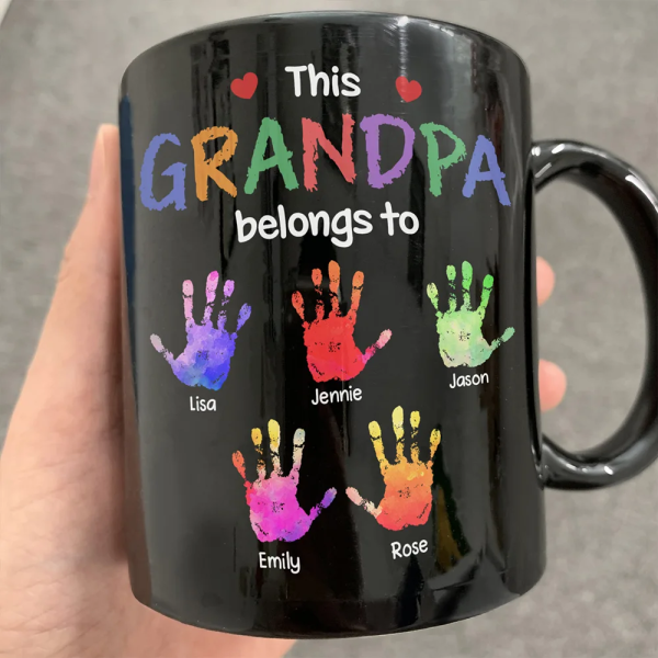 This Grandpa Belongs To Hand Prints Doodle - Personalized Black Mug This Grandpa Belongs To Hand Prints Doodle - Personalized Black Mug