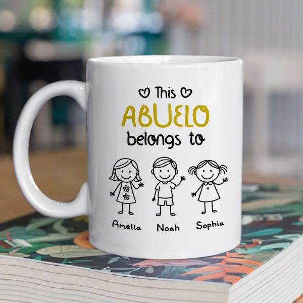This Grandpa Belongs To Personalized White Ceramic Mug with Grandkids' Names, Cute Gift for Grandfather