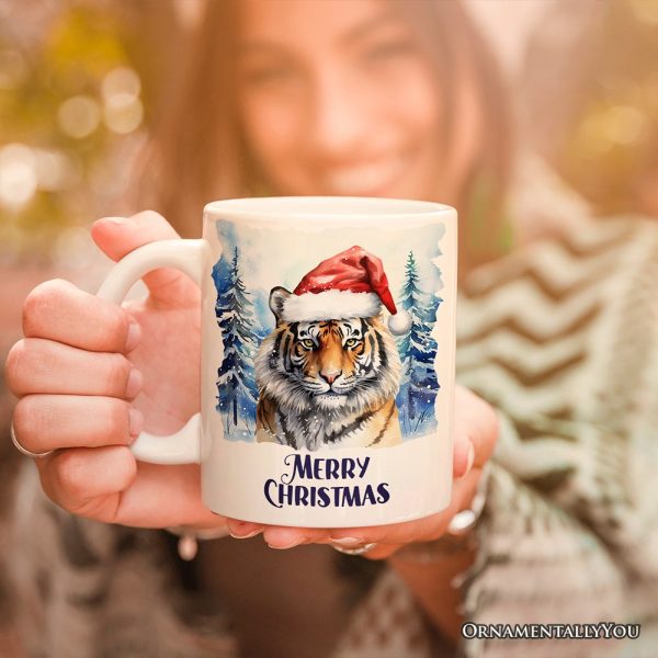 Tiger with Santa Hat Personalized Mug, Winter Forest Christmas Gift With Custom Name and Date Tiger with Santa Hat Personalized Mug, Winter Forest Christmas Gift With Custom Name and Date