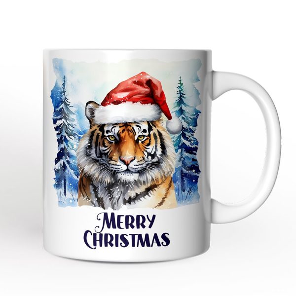 Tiger with Santa Hat Personalized Mug, Winter Forest Christmas Gift With Custom Name and Date Tiger with Santa Hat Personalized Mug, Winter Forest Christmas Gift With Custom Name and Date