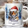 Tiger with Santa Hat Personalized Mug, Winter Forest Christmas Gift With Custom Name and Date Tiger with Santa Hat Personalized Mug, Winter Forest Christmas Gift With Custom Name and Date