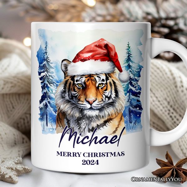 Tiger with Santa Hat Personalized Mug, Winter Forest Christmas Gift With Custom Name and Date Tiger with Santa Hat Personalized Mug, Winter Forest Christmas Gift With Custom Name and Date