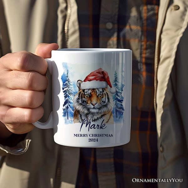 Tiger with Santa Hat Personalized Mug, Winter Forest Christmas Gift With Custom Name and Date Tiger with Santa Hat Personalized Mug, Winter Forest Christmas Gift With Custom Name and Date