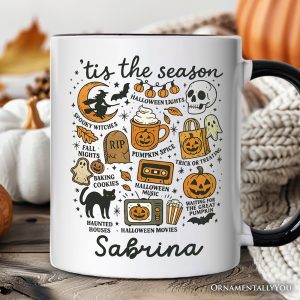 Tis the Season Retro Spooky Halloween Personalized Mug, Autumn Vibes Essentials Gift with Custom Name