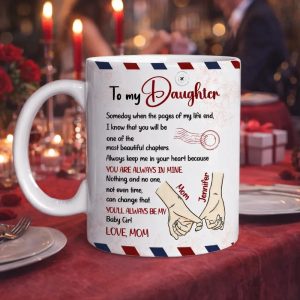 To My Daughter Ceramic Mug, Personalized Sweet Message, Cute Handholding Art, Unique Gift For Daughter