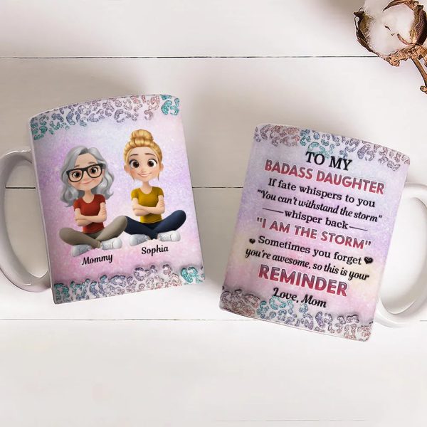 To My Daughter White Ceramic Mug with Cartoon Mom and Daughter Illustration, Sentimental Quote Design, Perfect Gift for Family Love