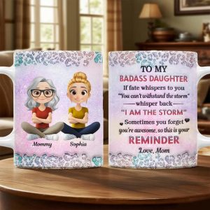 To My Daughter White Ceramic Mug with Cartoon Mom and Daughter Illustration, Sentimental Quote Design, Perfect Gift for Family Love