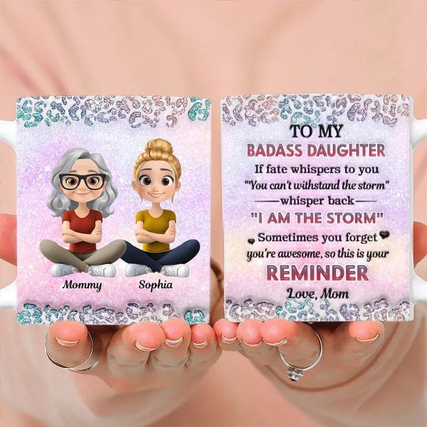 To My Daughter White Ceramic Mug with Cartoon Mom and Daughter Illustration, Sentimental Quote Design, Perfect Gift for Family Love