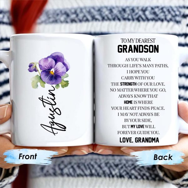 To My Dearest Grandson Love From Grandma With Pansy Flower Design - Personalized Custom Coffee Mug - GSN024_MG