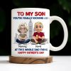 To My Son You're Really Kicking Ass At This Whole Dad Thing, Cartoon Characters and City Skyline - Personalized Custom Coffee Mug - SON049_MG