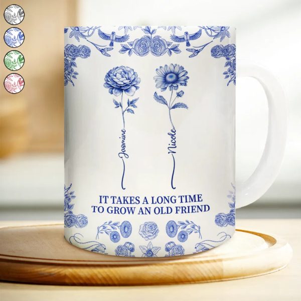 Toile De Jouy Birth Flower Grow An Old Friend - Personalized White Edge-to-Edge Mug Toile De Jouy Birth Flower Grow An Old Friend - Personalized White Edge-to-Edge Mug