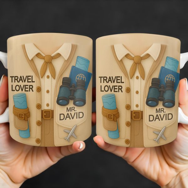 Travel Lover, Shirt, Tie, Binoculars, Map, Airplane - Personalized Custom Coffee Mug - FAM325_MG