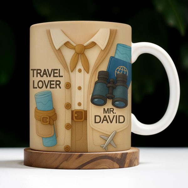 Travel Lover, Shirt, Tie, Binoculars, Map, Airplane - Personalized Custom Coffee Mug - FAM325_MG