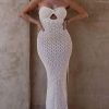 Twist Front Crochet Pointelle Strapless Split Beach Vacation Midi Dress - Apricot Twist Front Crochet Pointelle Strapless Split Beach Vacation Midi Dress - Apricot