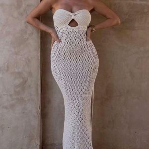 Twist Front Crochet Pointelle Strapless Split Beach Vacation Midi Dress - Apricot