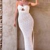 Twist Front Crochet Pointelle Strapless Split Beach Vacation Midi Dress - Apricot Twist Front Crochet Pointelle Strapless Split Beach Vacation Midi Dress - Apricot
