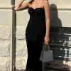 Twist Front Strapless Split Sweater Midi Beach Vacation Dress - Black
