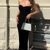 Twist Front Strapless Split Sweater Midi Beach Vacation Dress - Black