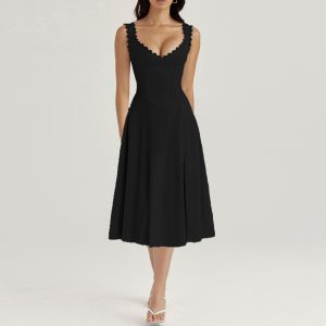 V-neck Doily Trim Frill Midi Dress