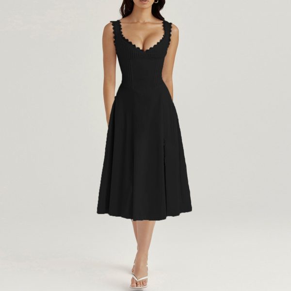 V-neck Doily Trim Frill Midi Dress