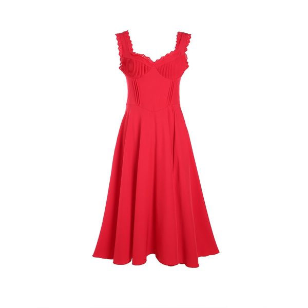 V-neck Doily Trim Frill Midi Dress