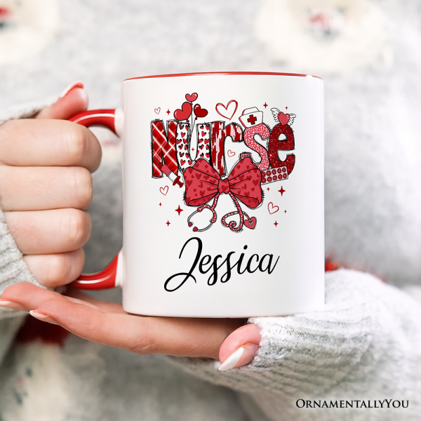 Valentine Nurse Coquette Bow Personalized Mug, Cupid Favorite Nurse Gift with Custom Name Valentine Nurse Coquette Bow Personalized Mug, Cupid Favorite Nurse Gift with Custom Name