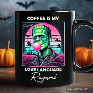 Vaperwave Frankenstein Retro Neon Horror Personalized Mug, Synthwave 80's Styled Classic Halloween Gift with Custom Name