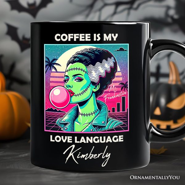 Vaperwave Mrs Frankenstein Bride Retro Neon Horror Personalized Mug, Synthwave 80's Styled Classic Halloween Gift with Custom Name