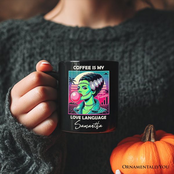 Vaperwave Mrs Frankenstein Bride Retro Neon Horror Personalized Mug, Synthwave 80's Styled Classic Halloween Gift with Custom Name