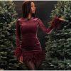 Velvet Long Sleeve Fur Trim Mini Dress