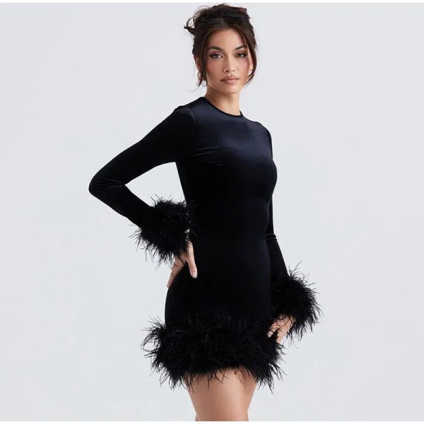 Velvet Long Sleeve Fur Trim Mini Dress