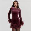 Velvet Long Sleeve Fur Trim Mini Dress