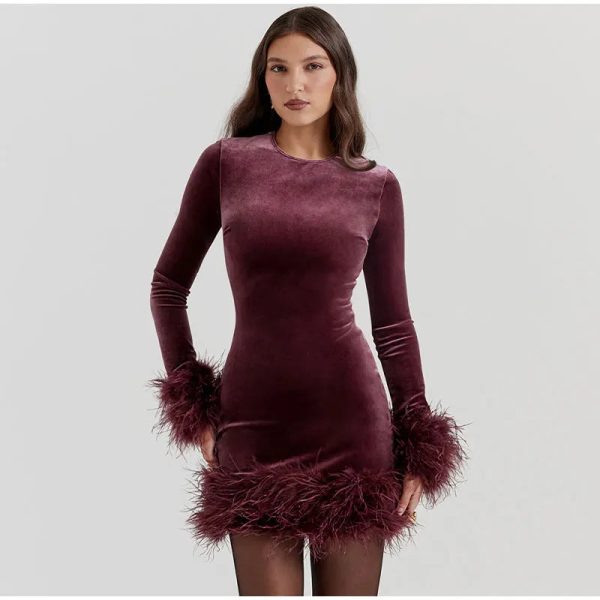 Velvet Long Sleeve Fur Trim Mini Dress