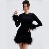 Velvet Long Sleeve Fur Trim Mini Dress