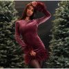 Velvet Long Sleeve Fur Trim Mini Dress