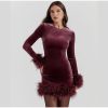 Velvet Long Sleeve Fur Trim Mini Dress