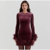 Velvet Long Sleeve Fur Trim Mini Dress