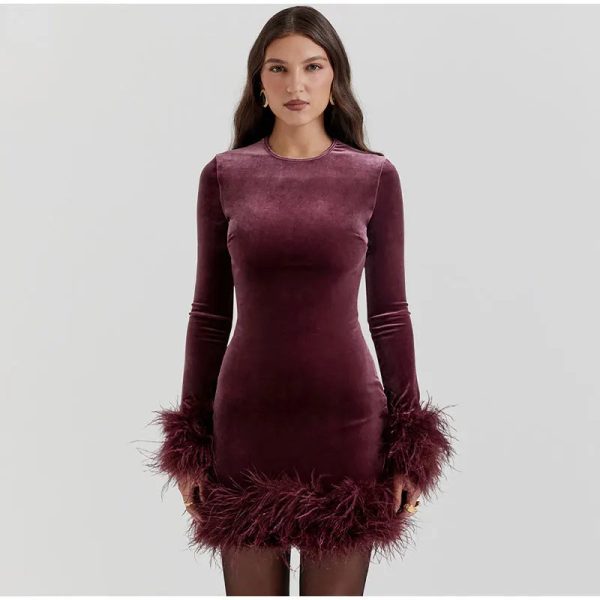 Velvet Long Sleeve Fur Trim Mini Dress