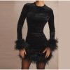 Velvet Long Sleeve Fur Trim Mini Dress