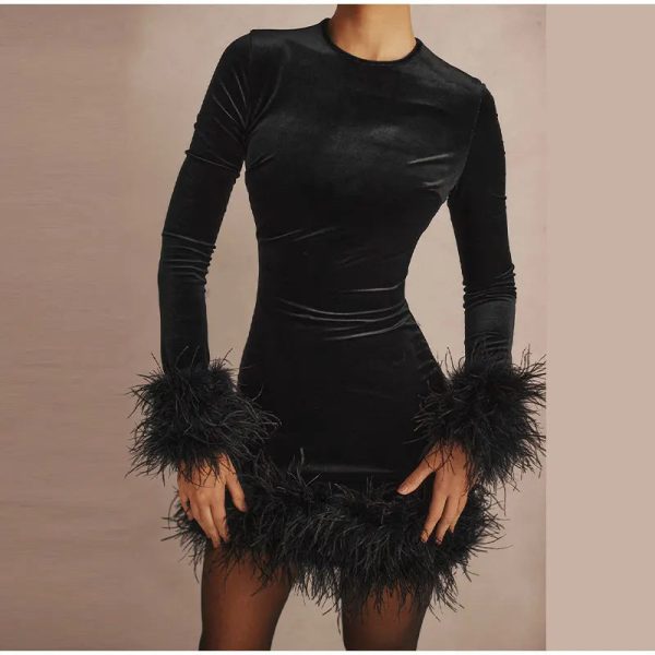 Velvet Long Sleeve Fur Trim Mini Dress
