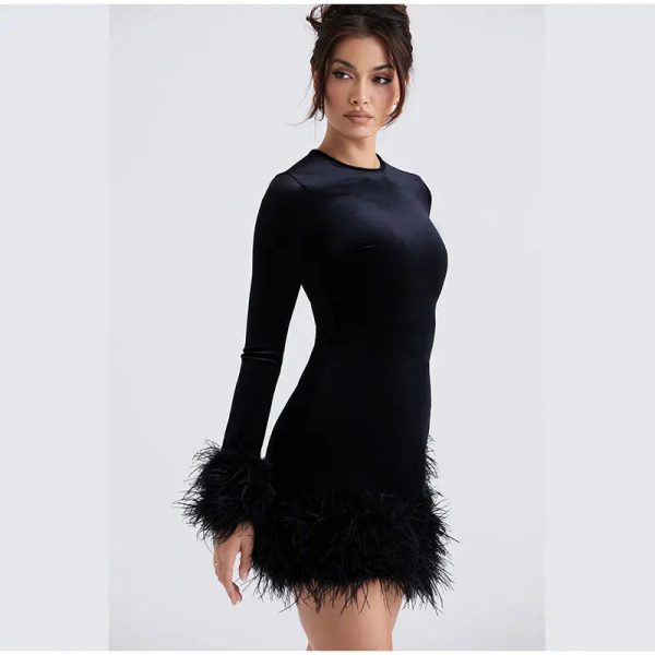 Velvet Long Sleeve Fur Trim Mini Dress
