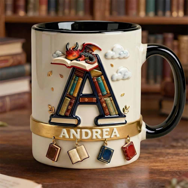 Vintage Book Dragon Alphabet Initial Letter - Personalized Accent Mug - Gift For Book Lovers NL122