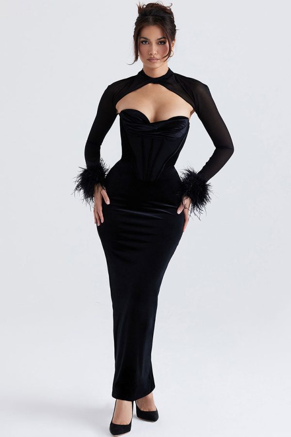 Vintage Feather Sleeve Strapless Corset Velvet Formal Maxi Dress - Black