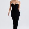 Vintage Feather Sleeve Strapless Corset Velvet Formal Maxi Dress - Black