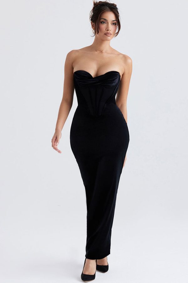 Vintage Feather Sleeve Strapless Corset Velvet Formal Maxi Dress - Black