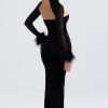 Vintage Feather Sleeve Strapless Corset Velvet Formal Maxi Dress - Black