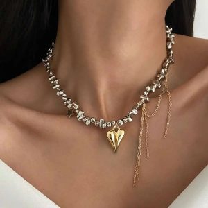 Vintage Heart Pendant Beaded Choker Necklace