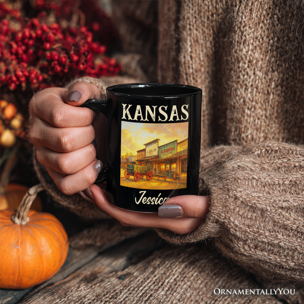Vintage Kansas State Dodge City Boot Hill Street Scene Personalized Mug, Wild West Gift and Frontier Souvenir with Custom Name Vintage Kansas State Dodge City Boot Hill Street Scene Personalized Mug, Wild West Gift and Frontier Souvenir with Custom Name